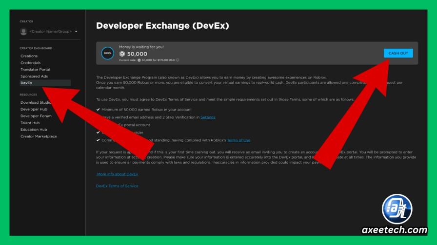The Roblox Developer Exchange (DevEx) portal showing how to convert earned Robux into real USD — updated with the September 2025 rate of $0.0035 per Robux