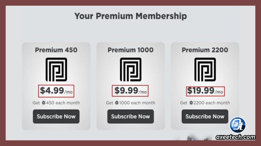 Roblox Premium membership tiers page showing 450, 1000, and 2200 monthly Robux stipend plans — the best value way to get consistent free Robux