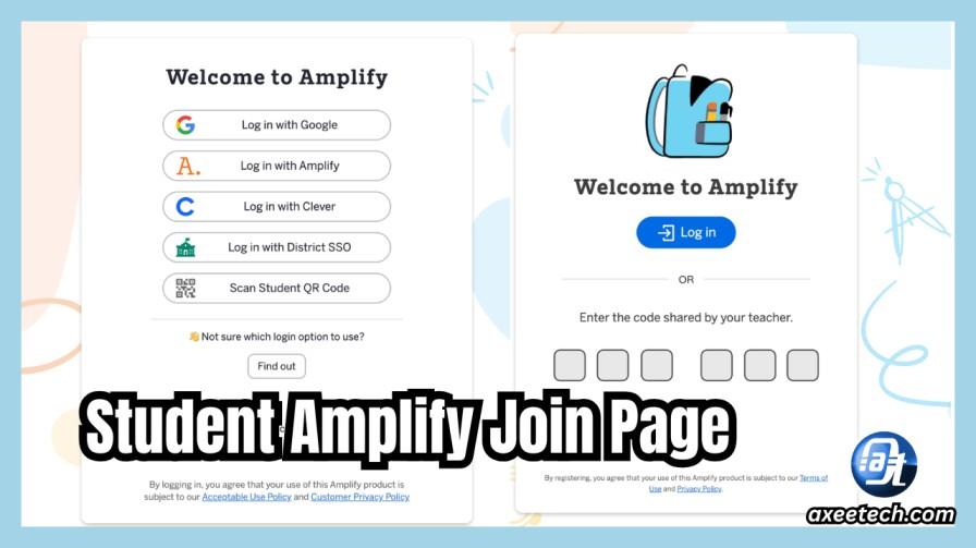 Student Amplify join page at student.amplify.com/join showing the class code entry field and blue Join Class button