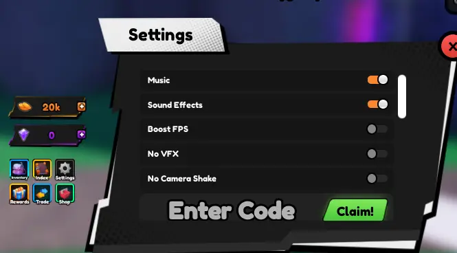 Titan Fishing settings menu showing the Enter Code text box and red Claim button for redeeming codes with highlighted input field