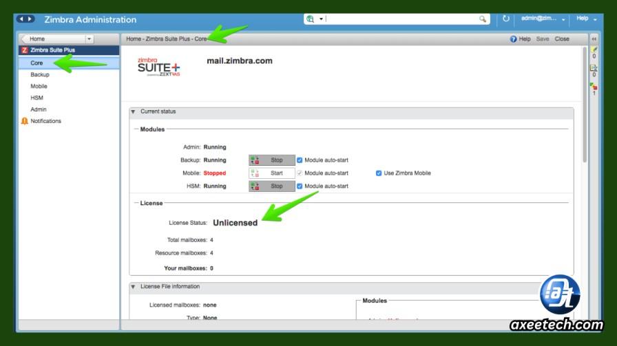 "Zimbra Free Admin Console dashboard at port 7071 showing server status, active sessions, and domain management panel after a fresh installation
