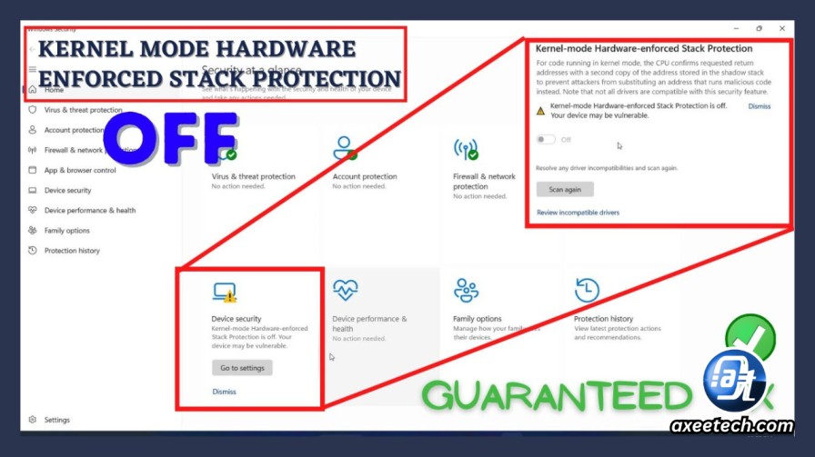 Step-by-step guide showing how to toggle off Kernel-mode Hardware-enforced Stack Protection in Windows 11 Device Security.