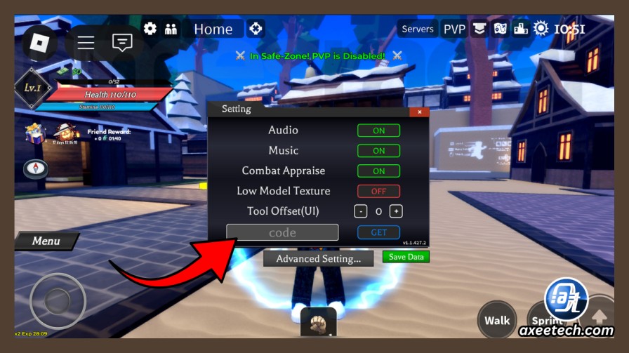 Demon Blade Codes June 2026: Get Free Spins, Reroll Tokens, Clan XP Boost, And More 2 Close-up of the Roblox Demon Blade in-game settings menu highlighting the Codes text box.