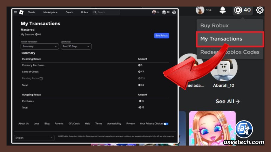 Why Is My Robux Pending for 30 Days? (And What to Do When It Finishes But Robux Disappeared) 3 Roblox My Transactions pending Robux check incoming Robux balance browser steps