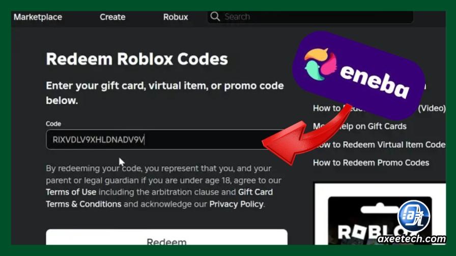 Roblox redemption page for Eneba Robux code