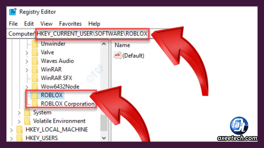 Windows Registry Editor showing the HKEY_CURRENT_USER Software Roblox Corporation path for deletion.