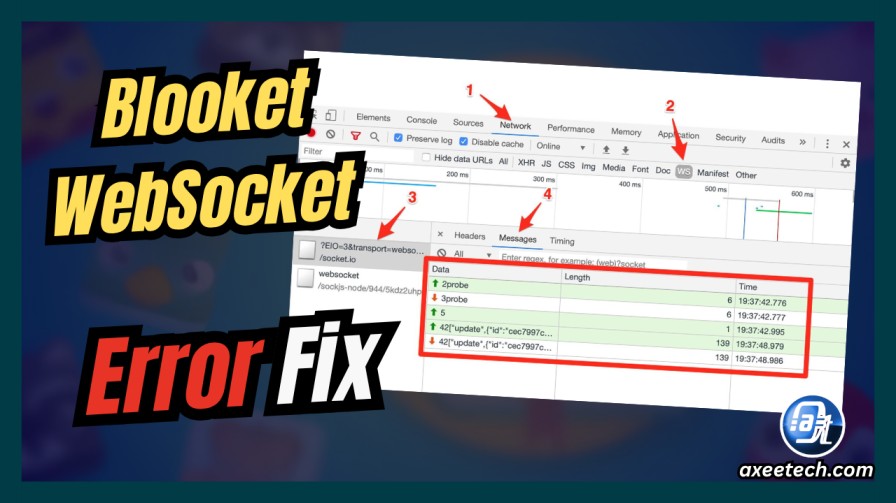 Chrome DevTools Network tab showing failed Blooket WebSocket Error connection.
