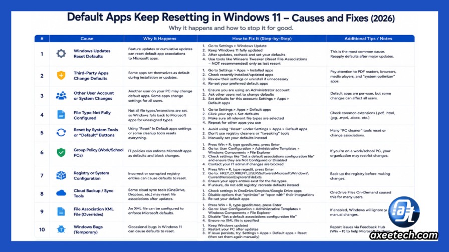 How to Change Default Apps for File Types in Windows 11 and 10 (Every Method) 4 Default apps keep resetting Windows 11 causes and fixes table.