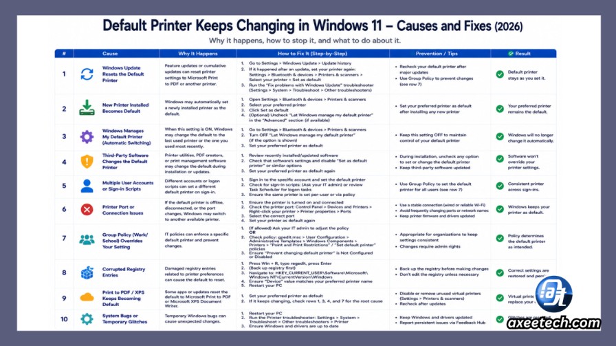 How to Change Default Printer in Windows 11 and 10 (6 Methods in 2026) 4 Default printer keeps changing causes and fix table Windows 11.