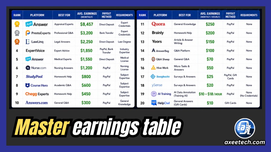 Earn Money by Giving Answers: 20 Platforms Ranked by Earnings (2026) 2 Earn money giving answers earnings comparison table all 20 platforms 2026 JustAnswer Chegg Studypool survey.