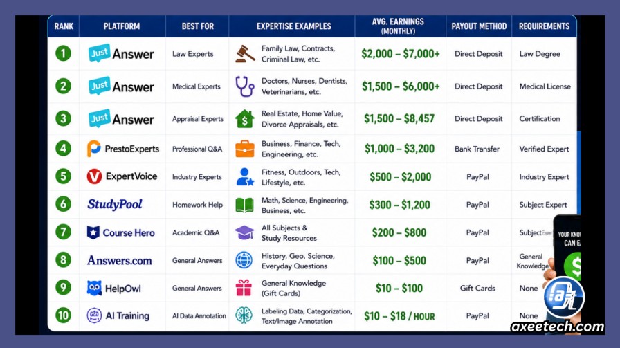 Earn Money by Giving Answers: 20 Platforms Ranked by Earnings (2026) 4 Earn money giving answers subject expertise platform matching guide STEM legal medical AI training survey 2026.