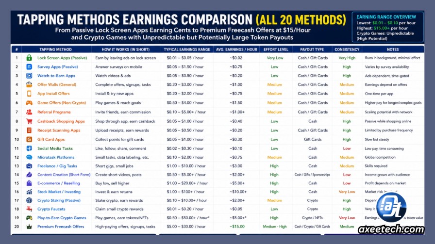 Earn money tapping games earnings comparison table 2026 all 20 methods Freecash Mistplay Notcoin hourly rates. 