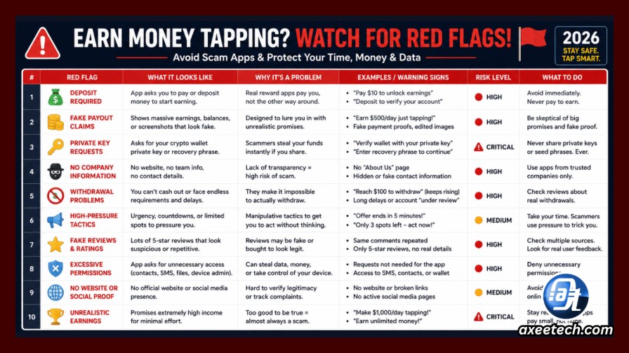 Earn money tapping red flags scam apps warning table deposit required fake payouts private key requests 2026. 