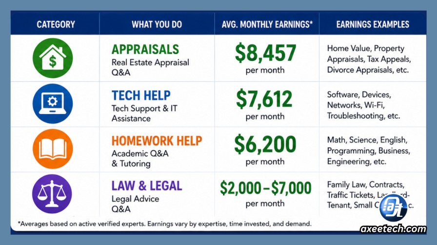 Earn Money by Giving Answers: 20 Platforms Ranked by Earnings (2026) 3 JustAnswer earn money giving answers category earnings appraisals $8457 tech $7612 homework $6200 law 2026.