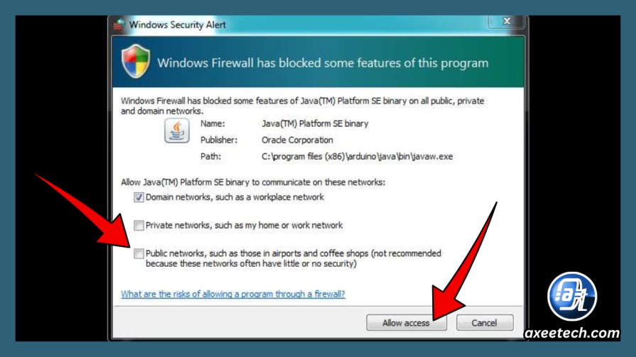 Allow javaw.exe through Windows Firewall Private and Public checkboxes.