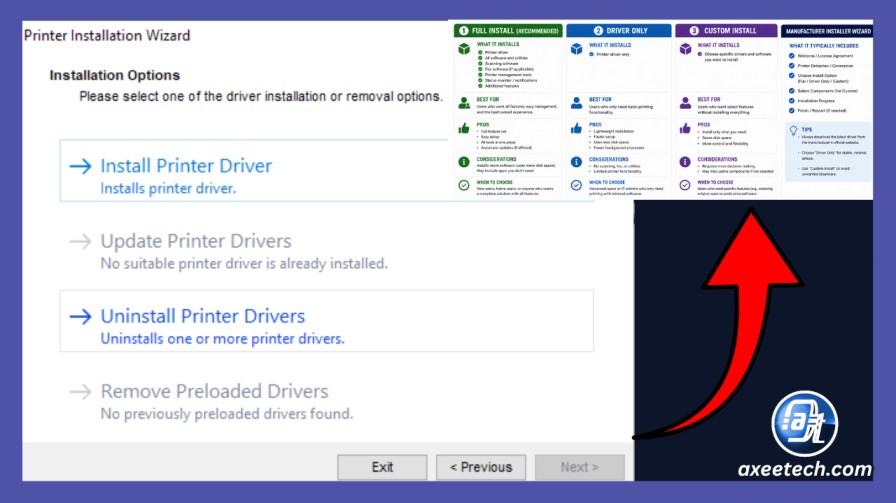 Printer driver full install vs driver only vs custom install manufacturer installer wizard choice. 