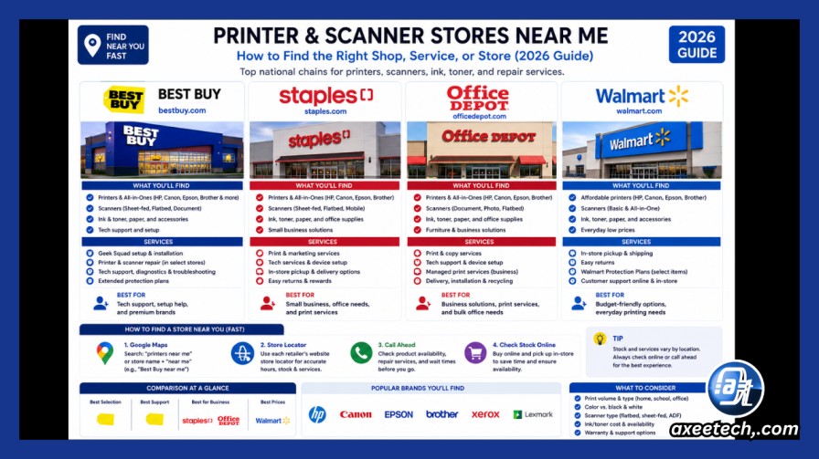 Printer scanner store chains near me Best Buy Staples Office Depot Walmart 2026. 