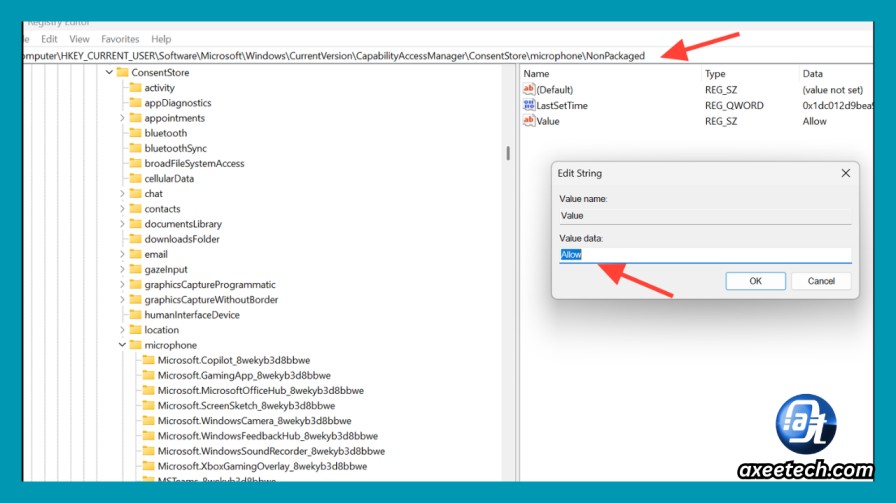 Registry Editor CapabilityAccessManager ConsentStore microphone Allow value