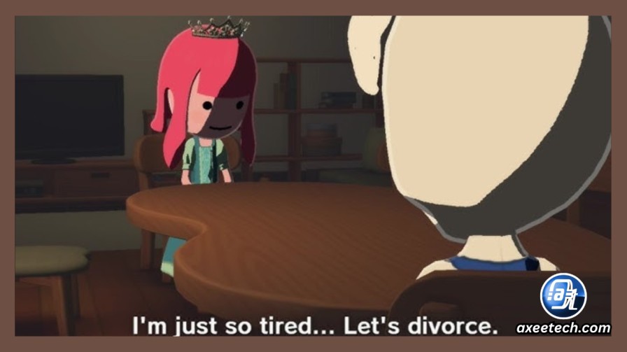 A 4K resolution capture of a Mii divorce cutscene at the Town Hall.