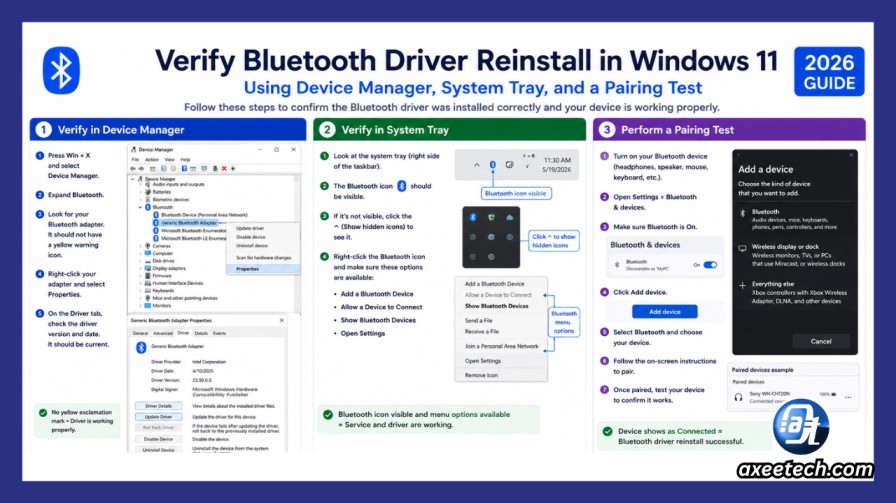 How to Reinstall Bluetooth Driver in Windows 11 and 10 (6 Methods, 2026) 5 Verify Bluetooth driver reinstall Device Manager system tray pairing test Windows 11.