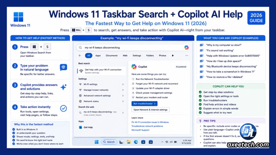 How to Get Help in Windows 11 and 10: 11 Methods That Actually Work (2026) 4 Windows 11 taskbar search Copilot AI help fastest method Win+S 2026.