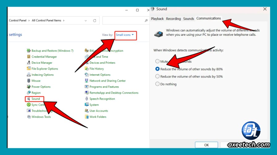 Windows Sound Control Panel Communications tab audio ducking setting. 