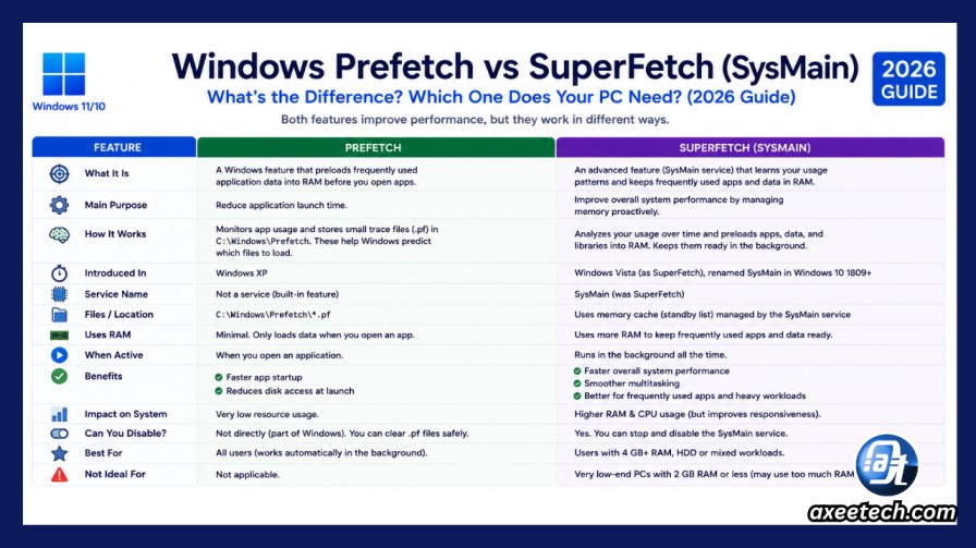 Windows Prefetch vs SuperFetch SysMain difference comparison table 2026. 