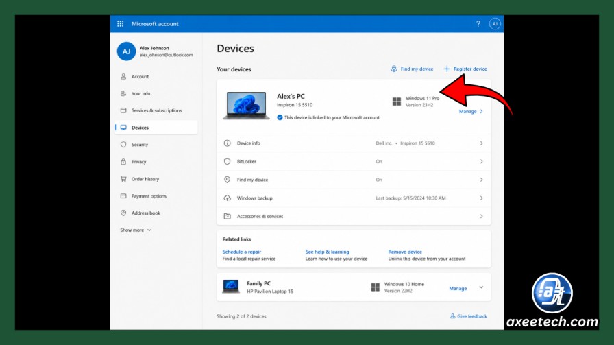 Microsoft account devices dashboard at account.microsoft.com showing linked Windows PC 