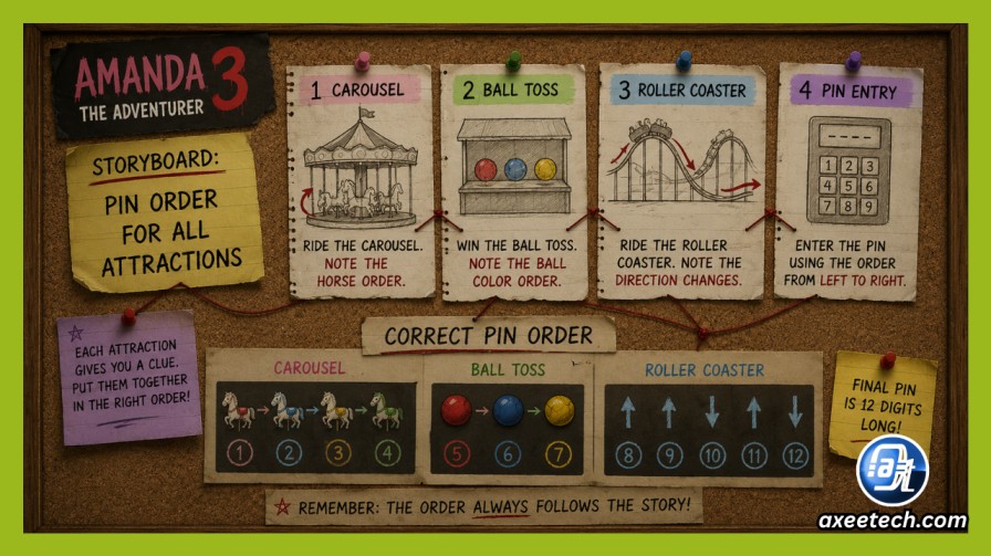 All Amanda the Adventurer 3 Codes & Puzzle Solutions (100% Walkthrough) 6 Amanda the Adventurer 3 storyboard bulletin board showing Carousel Ball Toss Roller Coaster pin order