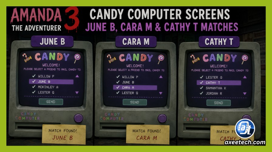 All Amanda the Adventurer 3 Codes & Puzzle Solutions (100% Walkthrough) 4 Amanda the Adventurer 3 candy computer screens showing June B Cara M and Cathy T matches
