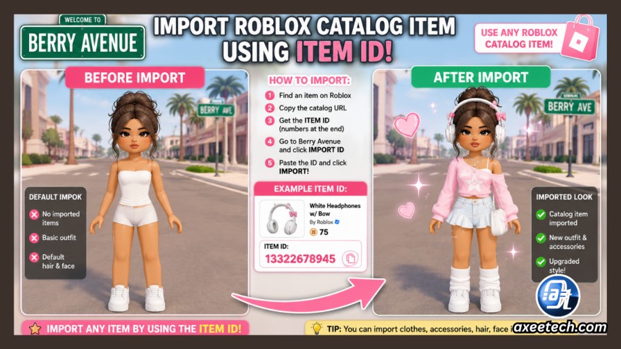  Berry Avenue character before and after importing Roblox catalog item using Item ID