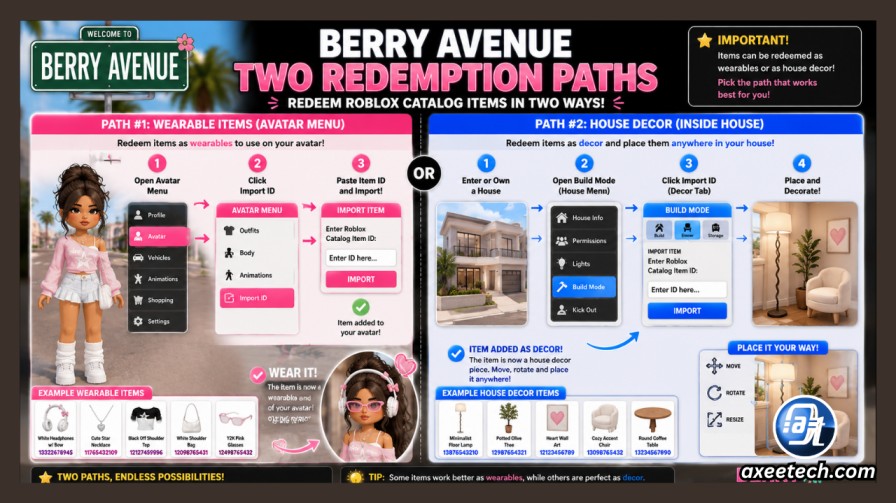Berry Avenue two redemption paths wearable items avatar menu house decor inside house