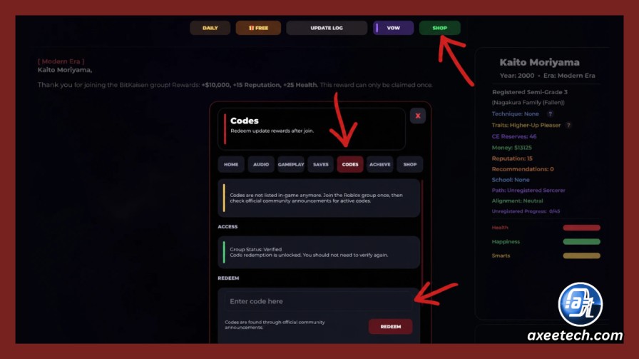 Game interface system settings panel in Bitkaisen showing text entry area for codes.