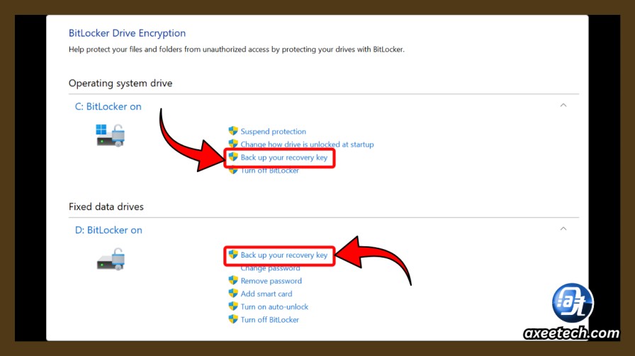 Windows BitLocker recovery key backup options — save to Microsoft account before hardware change 