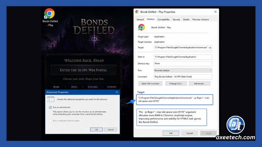 Screenshot of Windows Chrome shortcut properties showing the --js-flags="--max-old-space-size=8192" command to increase RAM allocation for HTML5 web games.