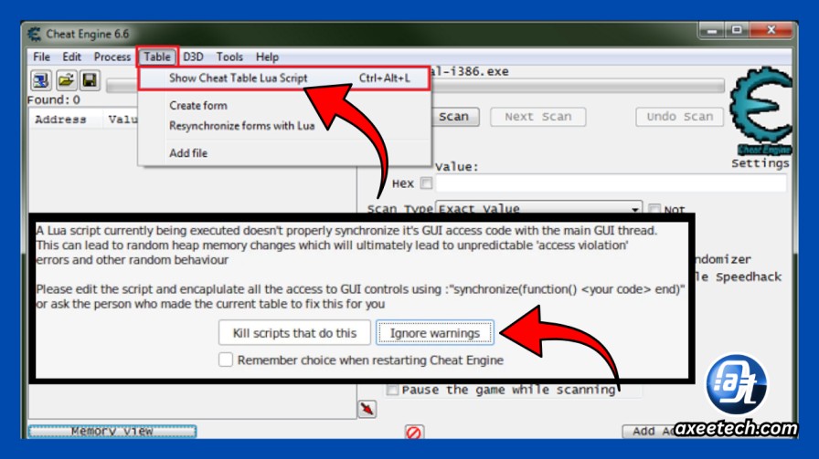 Cheat Engine Lua script execution prompt asking user to click Yes to allow script