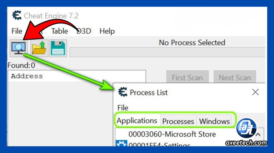 Cheat Engine 7.5 main window showing PC icon for selecting game process