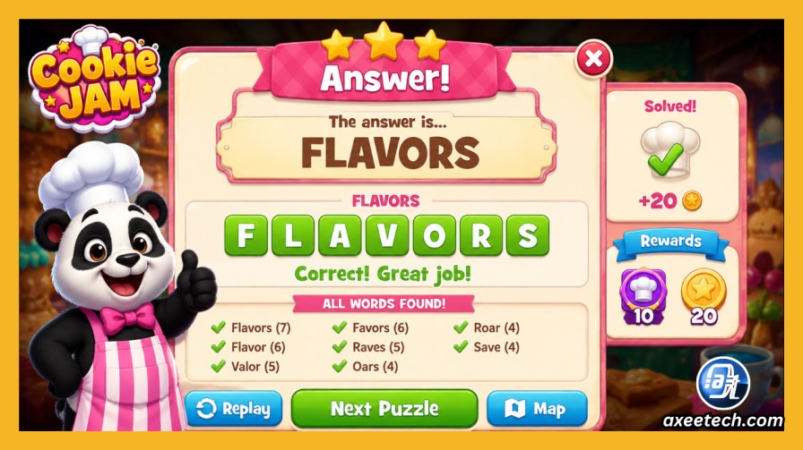 Cookie Jam answer screen showing Flavors selected