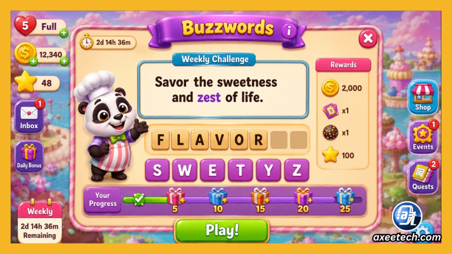 Cookie Jam Buzzwords screen showing savor sweetness and zest clue text