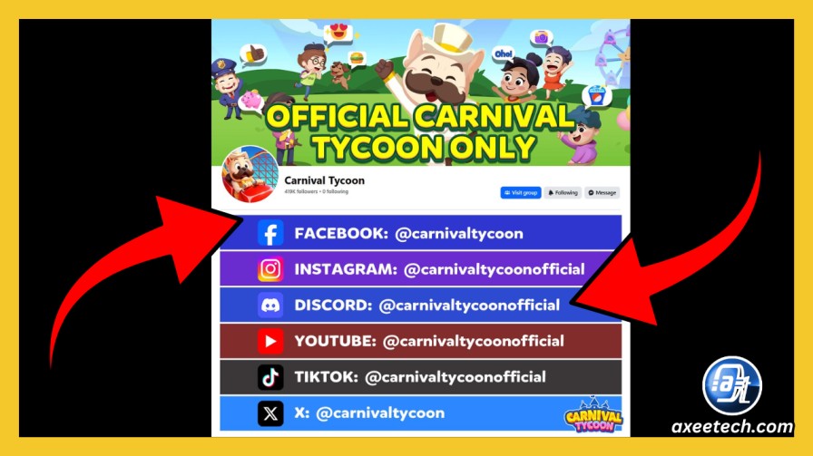 Carnival Tycoon Facebook and Discord pages with spin link posts
