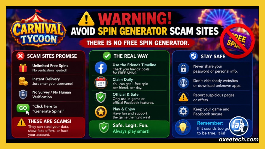 Warning about Carnival Tycoon spin generator scam sites