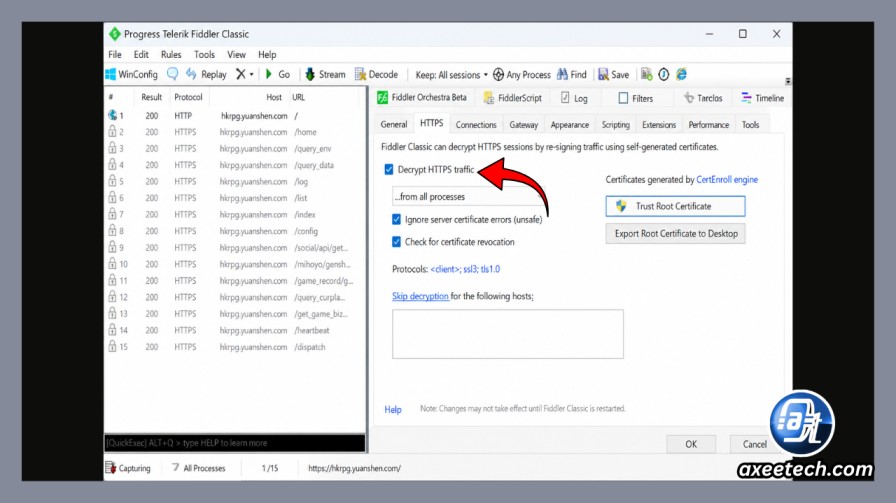 Screenshot of Fiddler Classic's HTTPS options tab showing the "Decrypt HTTPS traffic" and "Trust Root Certificate" buttons checked for HSR proxy routing.