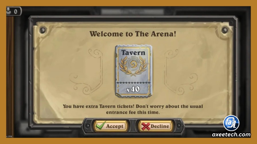 Hearthstone The Arena format 5 win entry screen Tavern Ticket