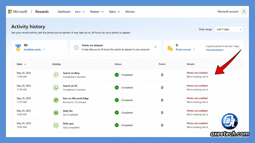 Microsoft Rewards Glitch or Not Working? Every Fix for 2026 3 Microsoft Rewards activity history showing completed tasks with points not credited