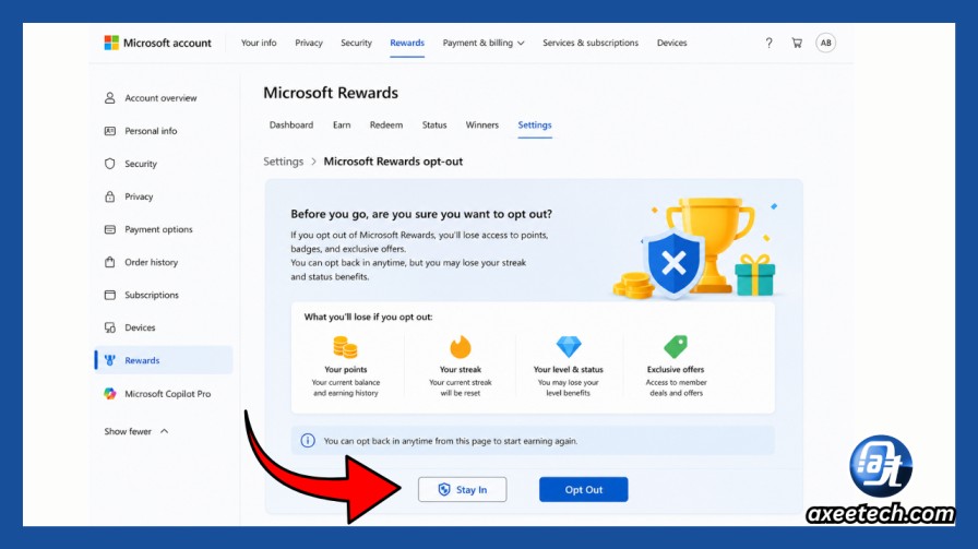 Microsoft Rewards Glitch or Not Working? Every Fix for 2026 8 Microsoft Rewards opt-out menu showing Stay In button in account settings
