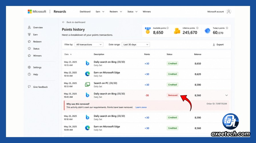 Microsoft Rewards Glitch or Not Working? Every Fix for 2026 9 Microsoft Rewards points history showing points credited then removed