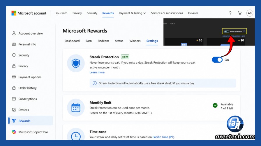 Microsoft Rewards Glitch or Not Working? Every Fix for 2026 6 Microsoft Rewards Streak Protection toggle in account settings
