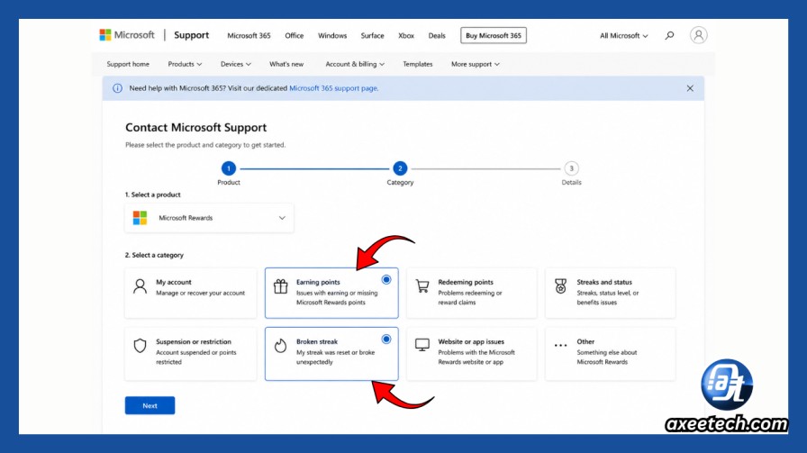 Microsoft Rewards Glitch or Not Working? Every Fix for 2026 12 Microsoft Rewards support page showing Earning Points and Broken Streak category selection