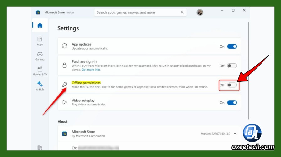 Microsoft Store settings showing Offline Permissions toggle turned on for Xbox games
