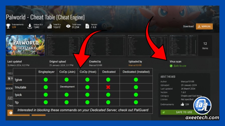 Nexus Mods Palworld cheat table page by Marcus101RR showing 339 endorsements and Safe to use tag
